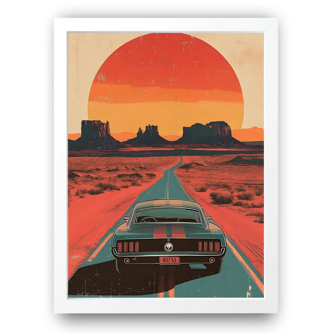 Desert Sunset Muscle car poster in white frame