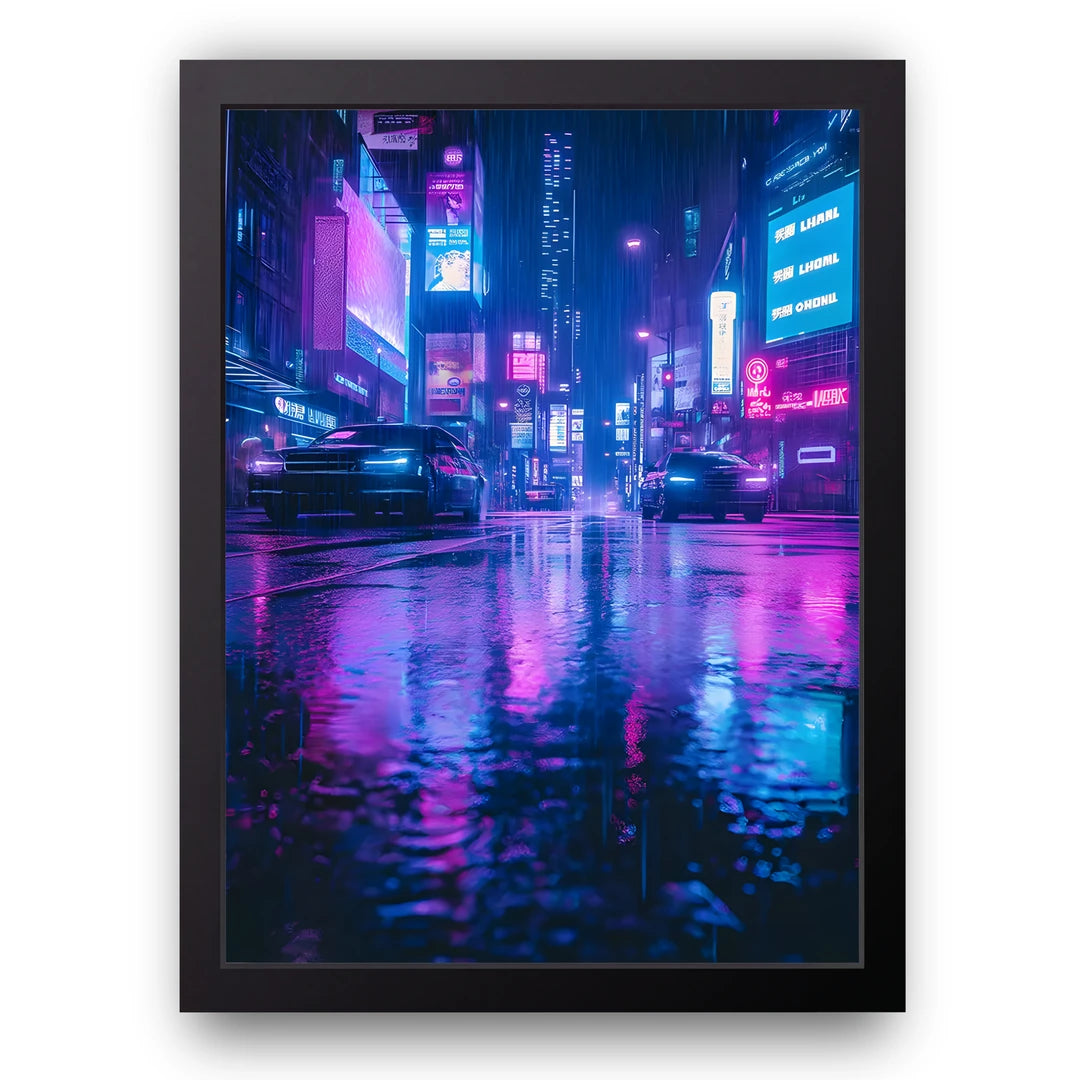 Neon Rain Street art poster in black frame