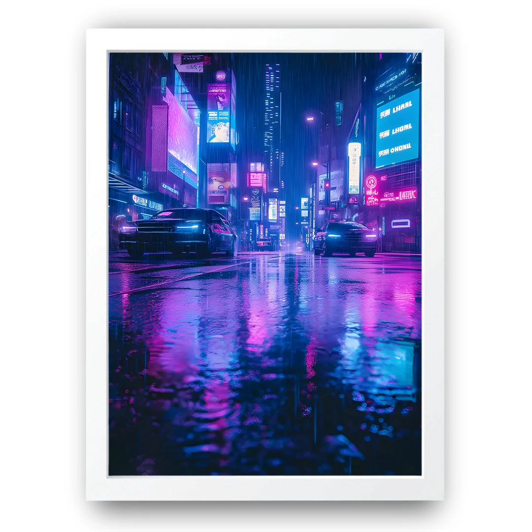 Neon Rain Street art poster in white frame