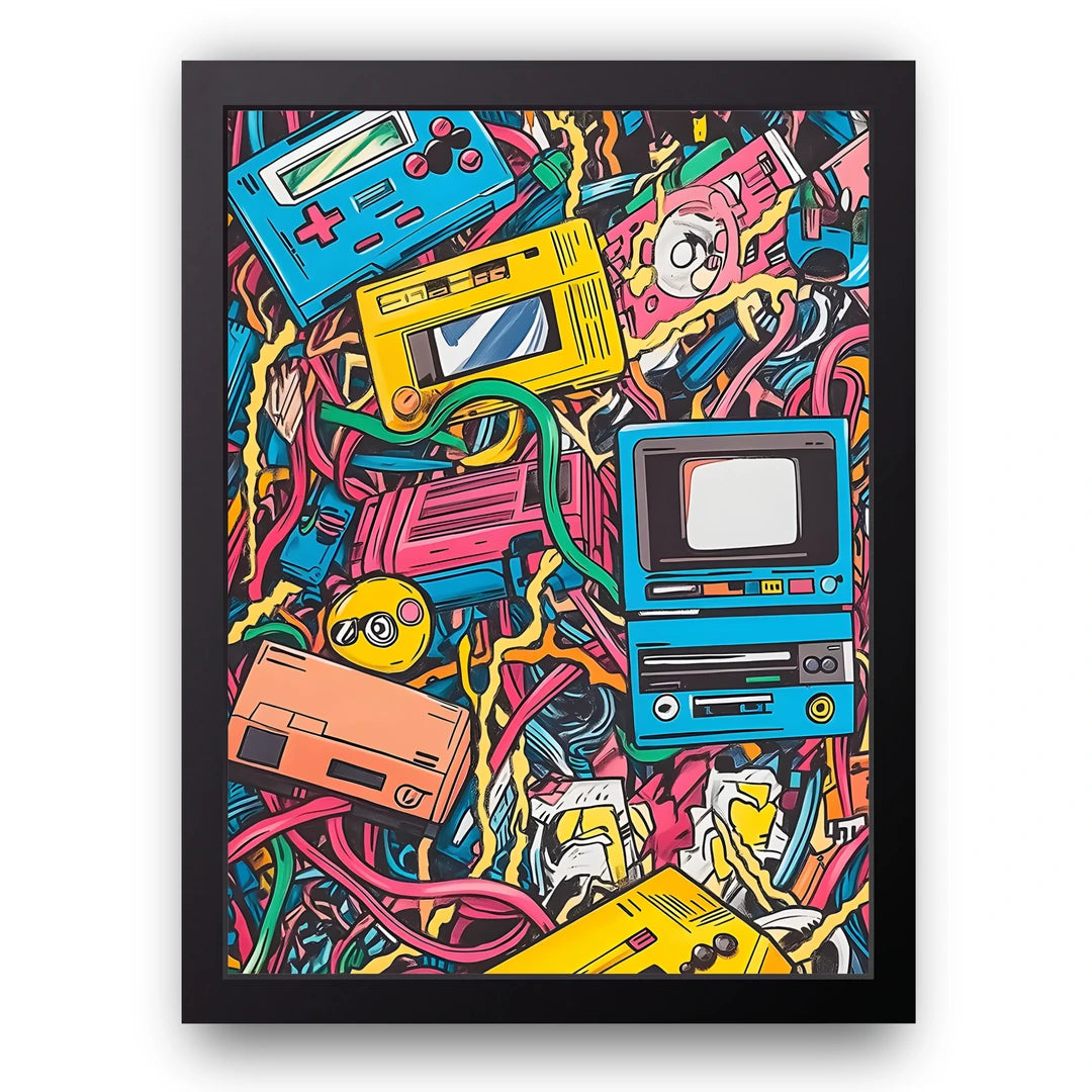 Retro Tech Doodles art poster in black frame