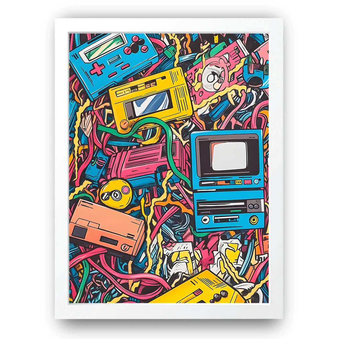 Retro Tech Doodles art poster in white frame