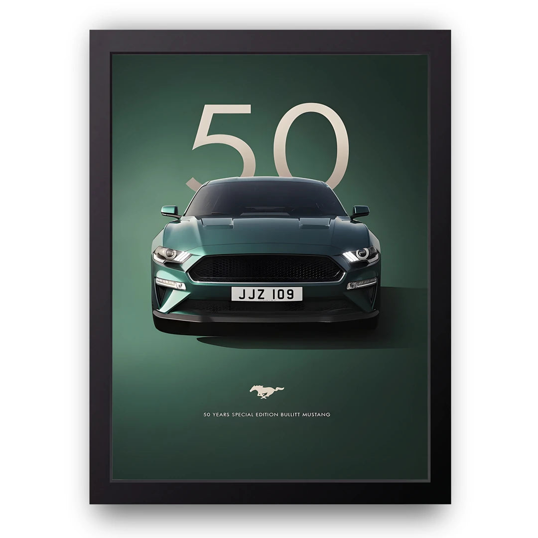 Bullitt 50 Years car poster in black frame