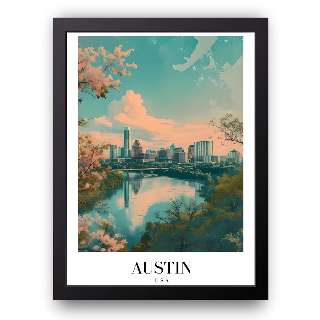 Austin travel poster in black frame