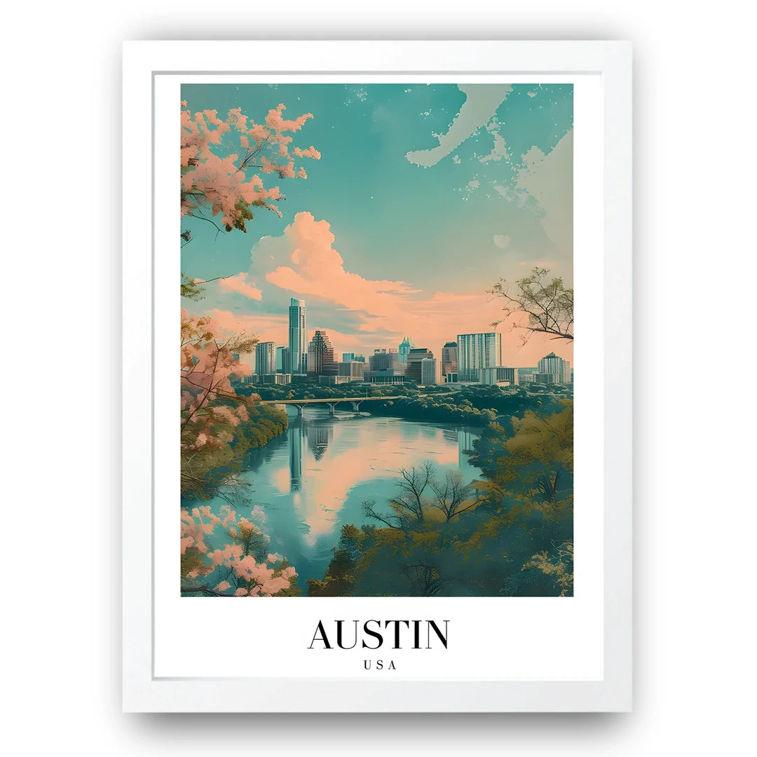 Austin travel poster in white frame