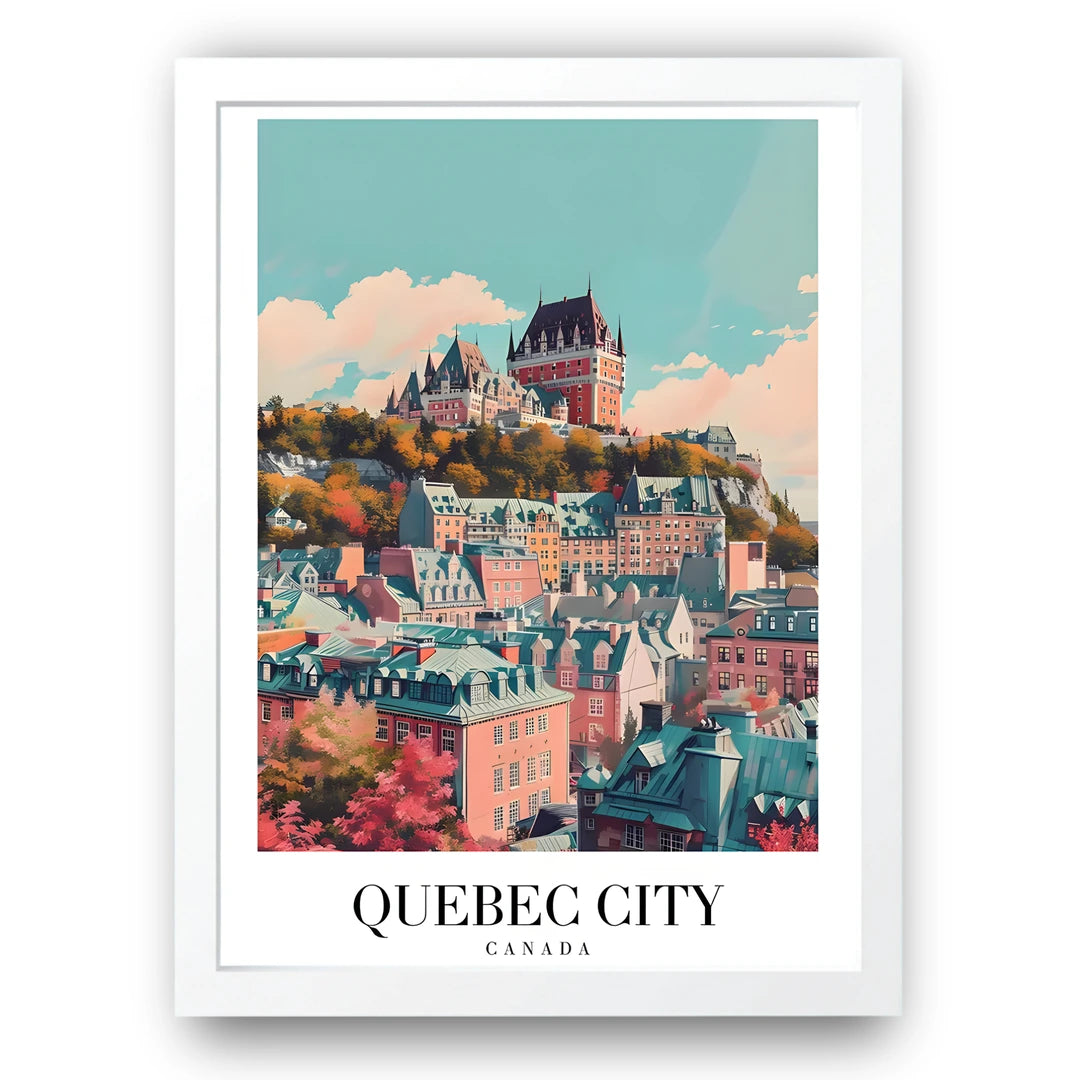 Quebec City travel poster in white frame
