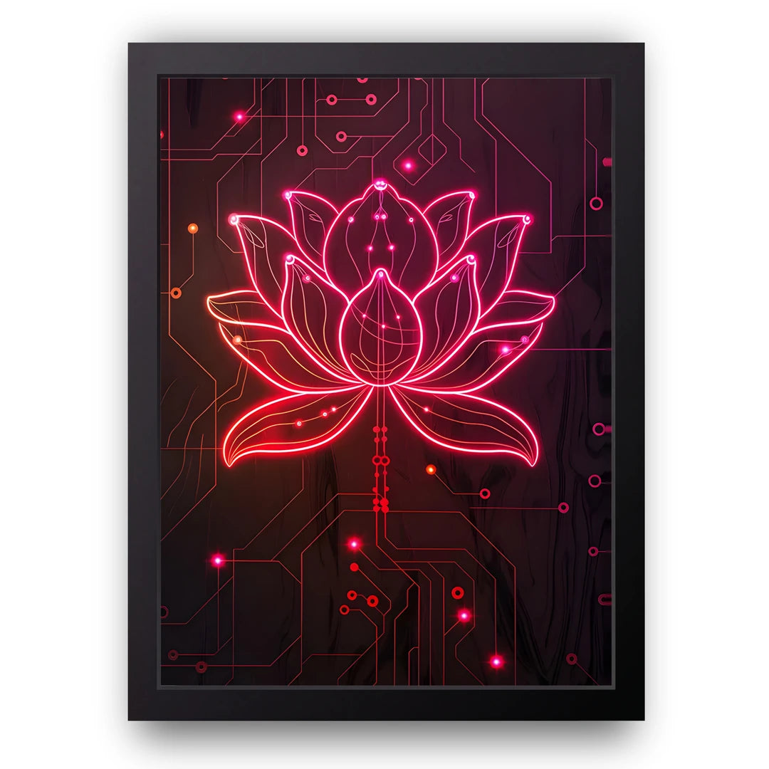 Neon Lotus art poster in black frame