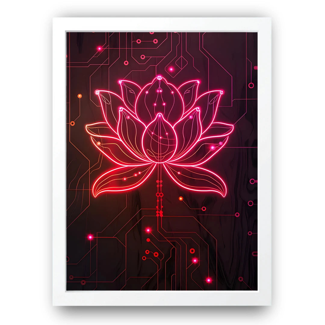 Neon Lotus art poster in white frame