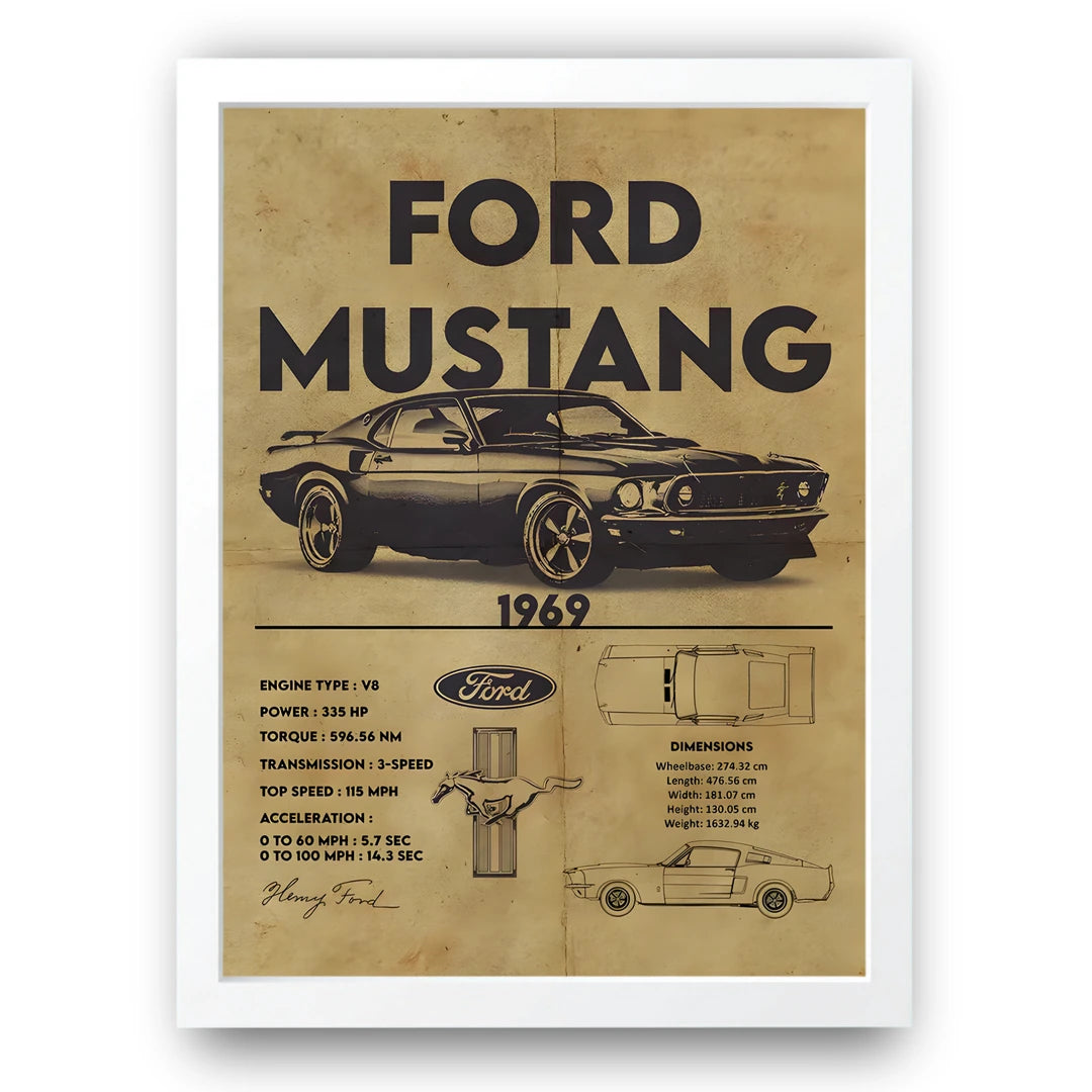 Mustang 1969 Spec car poster in white frame