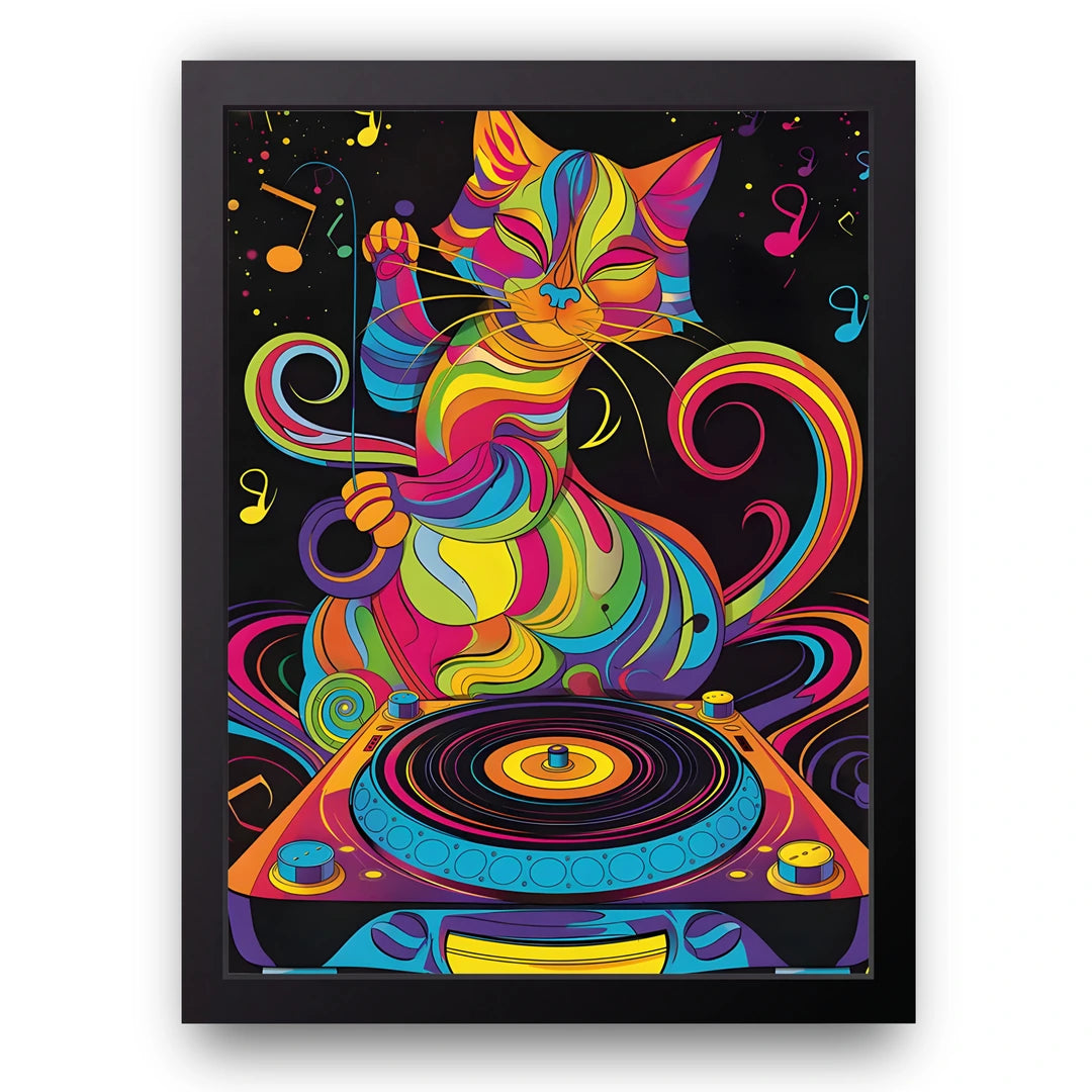 Psychedelic DJ Cat art poster in black frame