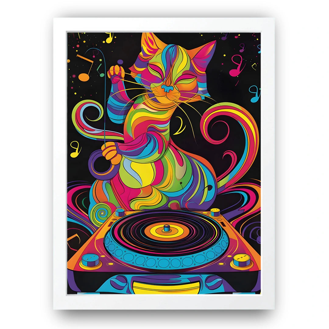 Psychedelic DJ Cat art poster in white frame