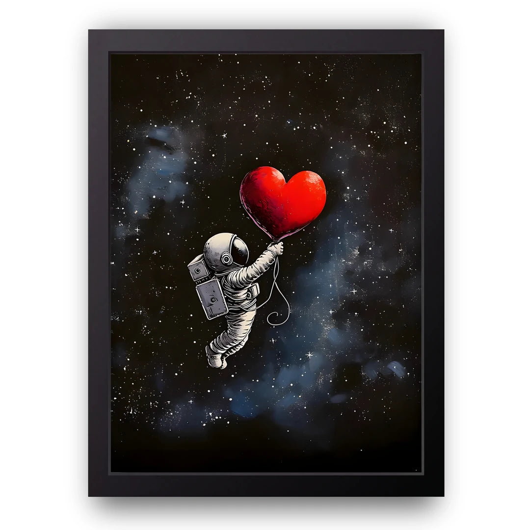 Heart Balloon Astronaut art poster in black frame
