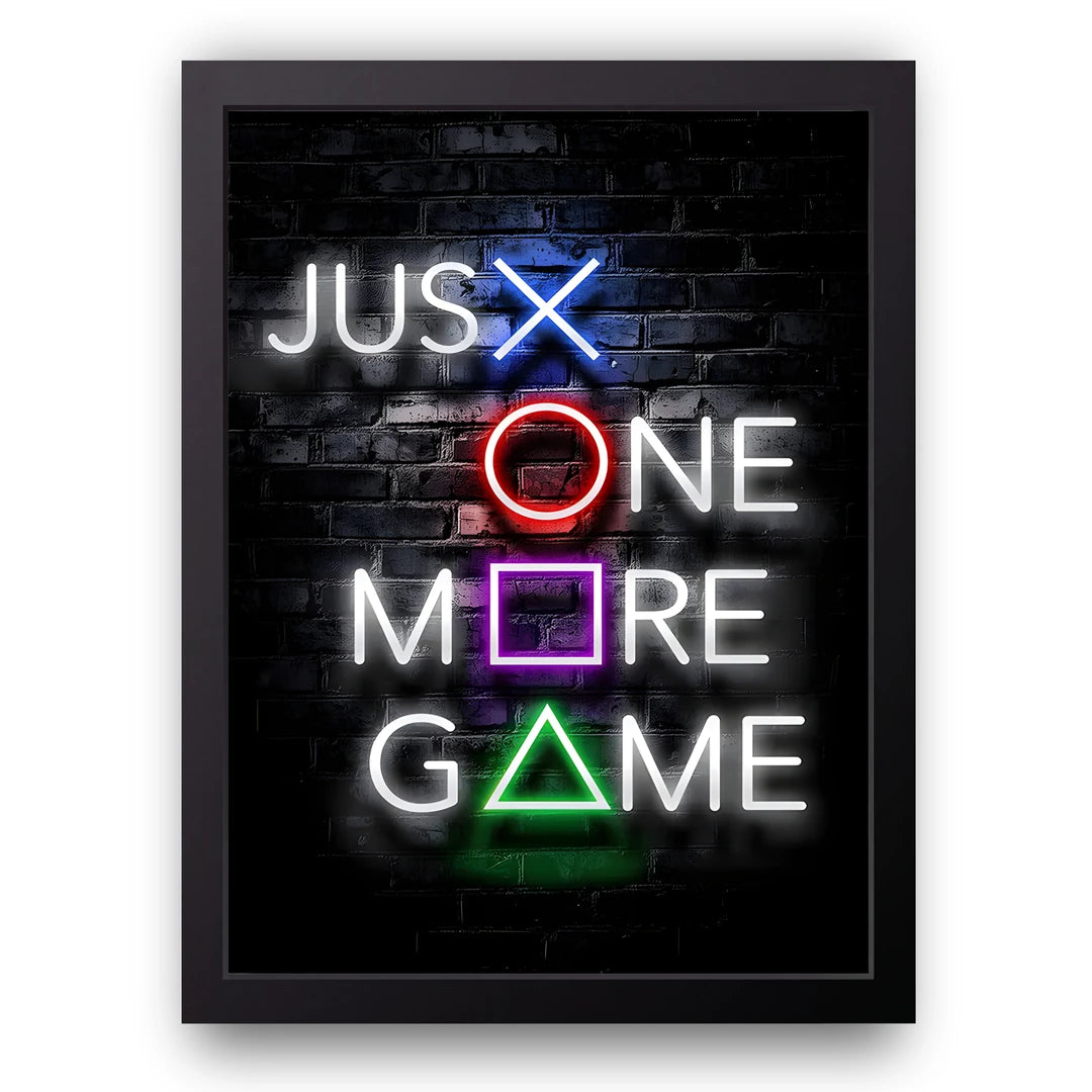 Just One More Game gaming poster in black frame