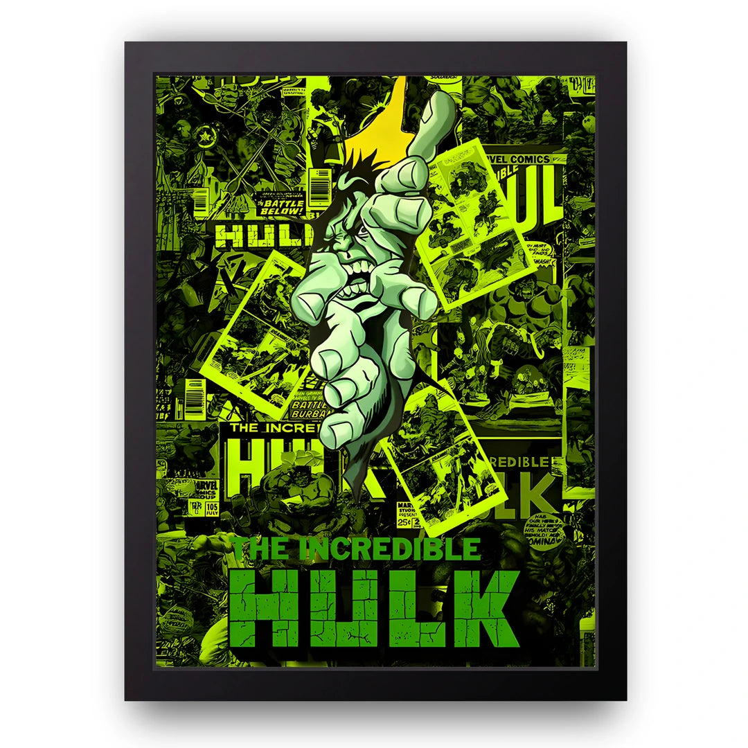 Green Rage Comics art poster in black frame