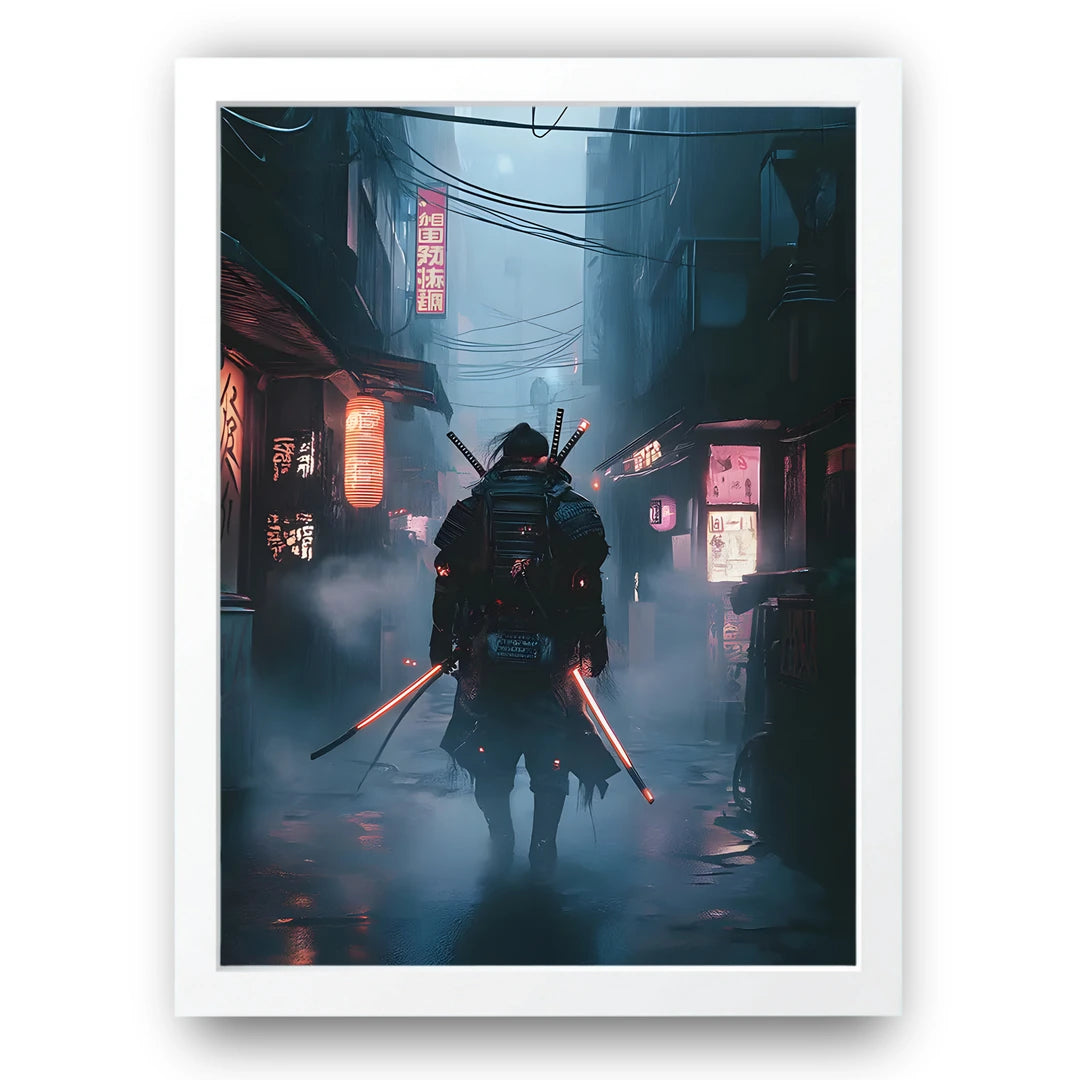Cyber Samurai Alley art poster in white frame