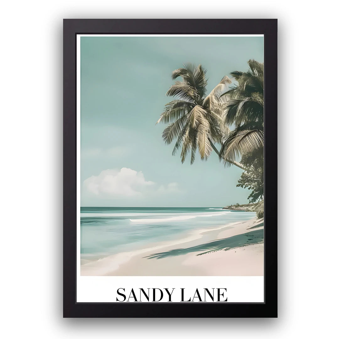 Sandy Lane travel poster in black frame
