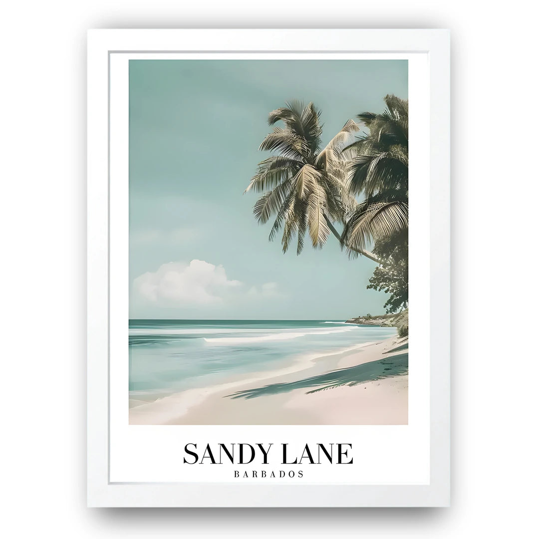 Sandy Lane travel poster in white frame