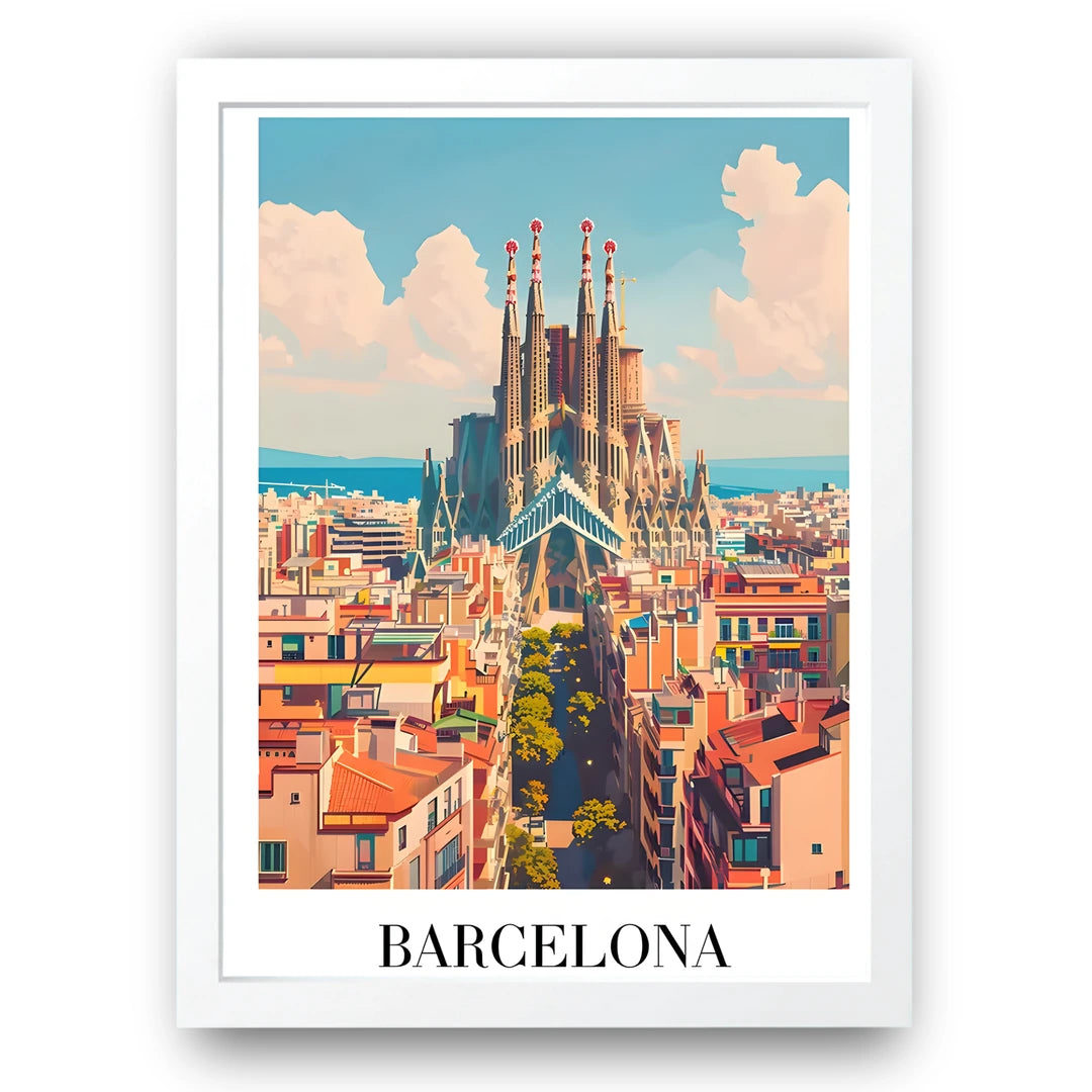 Barcelona travel poster in white frame