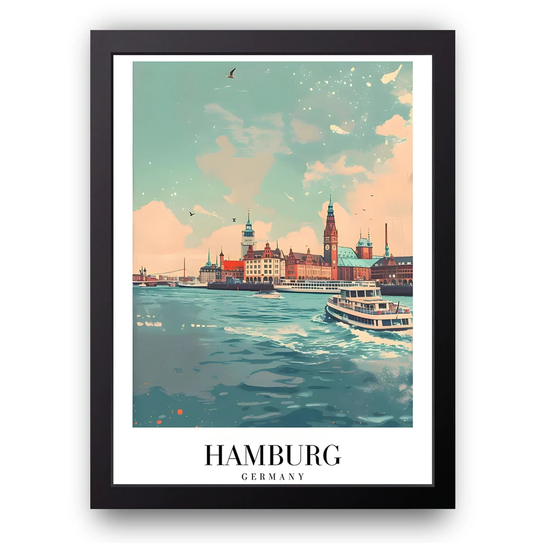 Hamburg travel poster in black frame