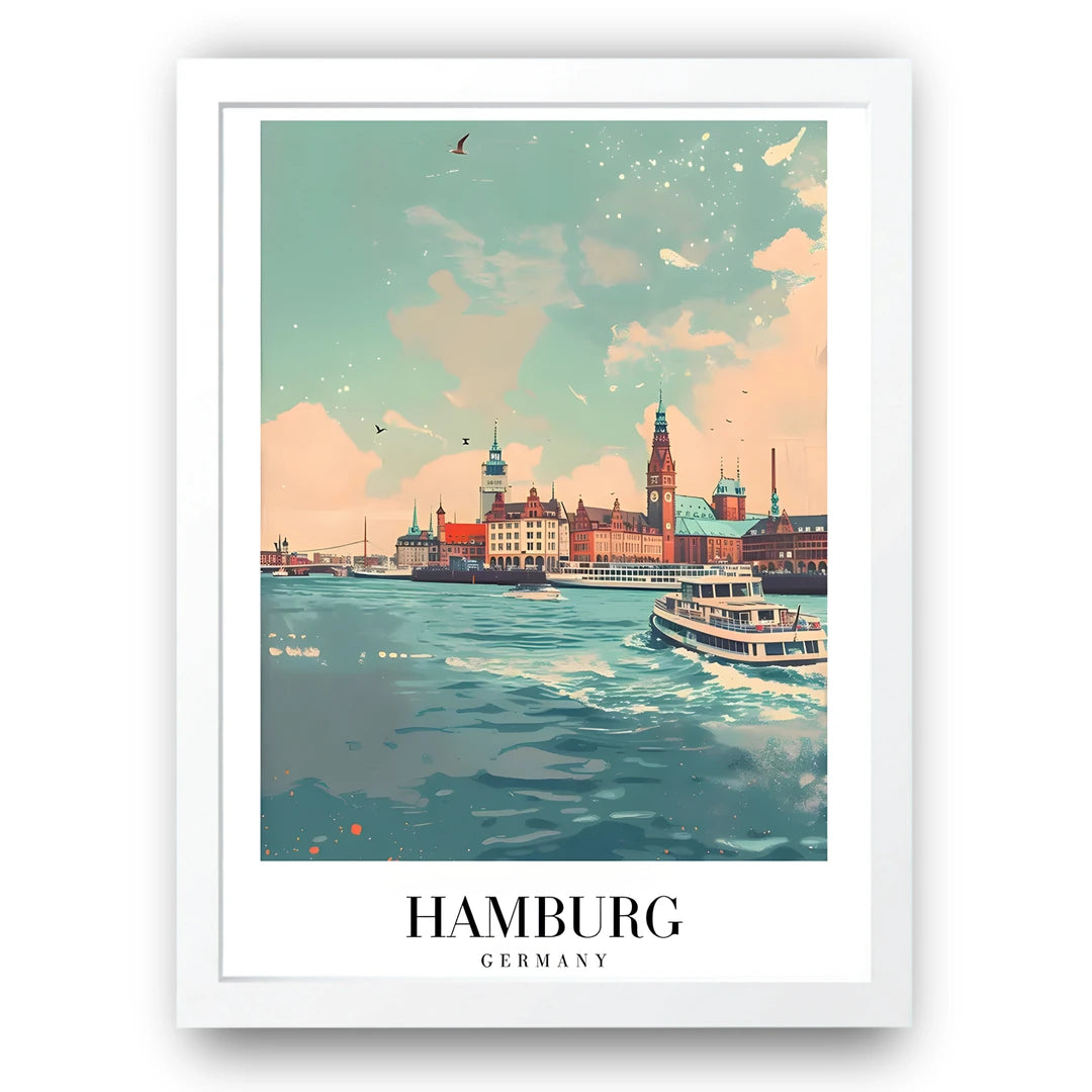 Hamburg travel poster in white frame