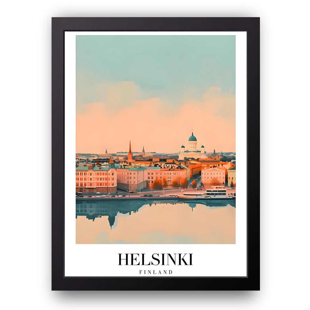 Helsinki travel poster in black frame