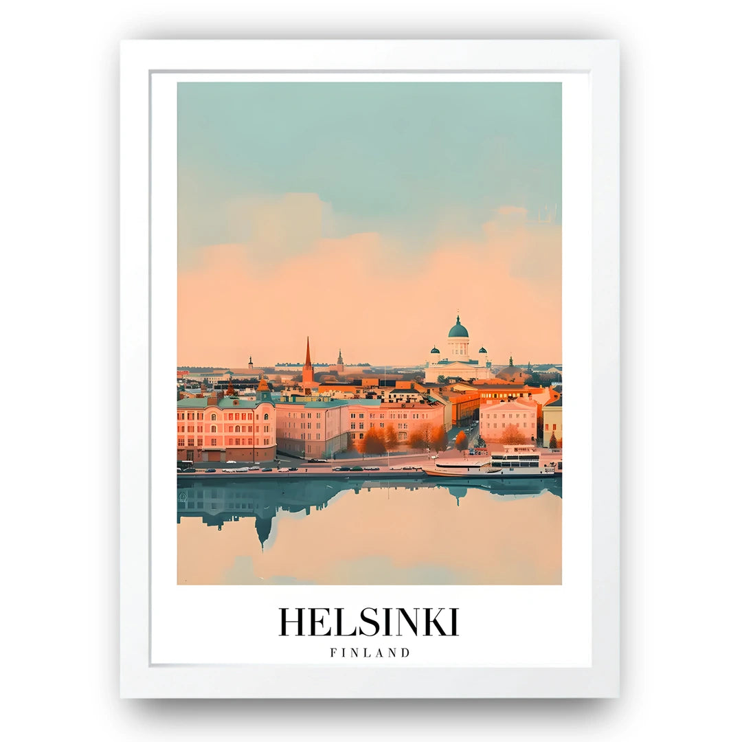 Helsinki travel poster in white frame