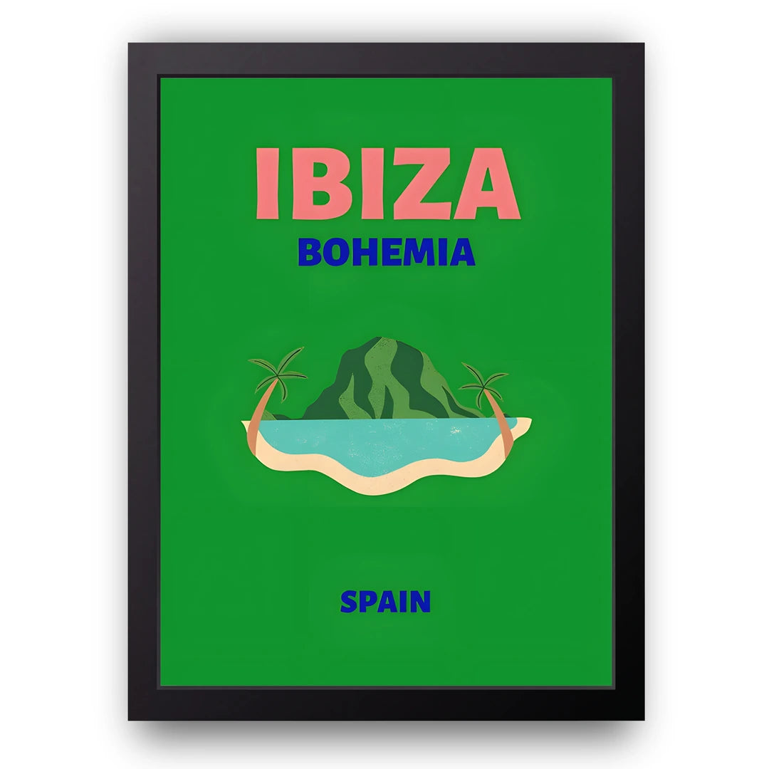 Ibiza Bohemia travel poster in black frame