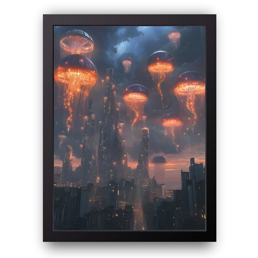 Jellyfish City art poster in black frame