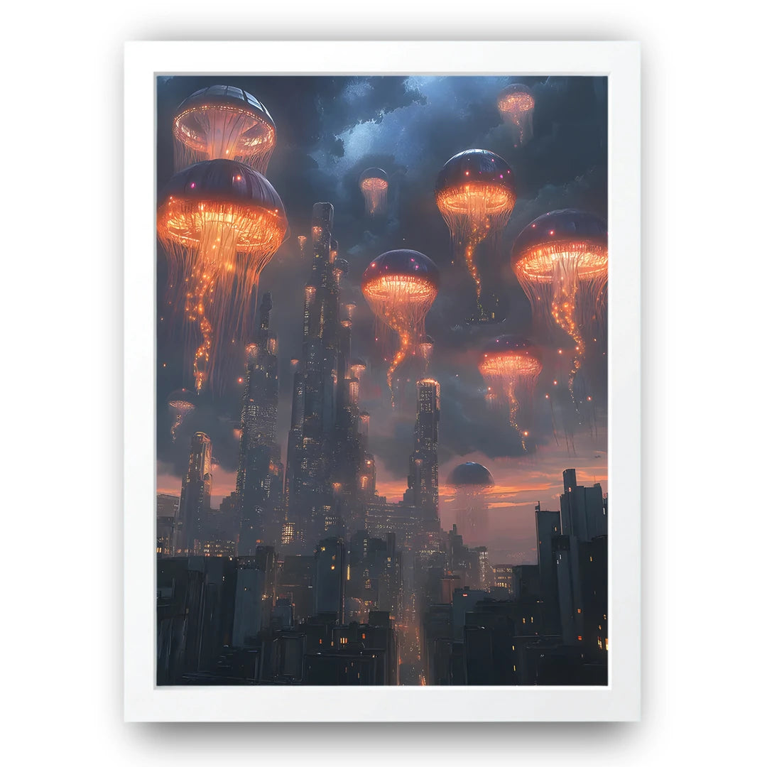 Jellyfish City art poster in white frame