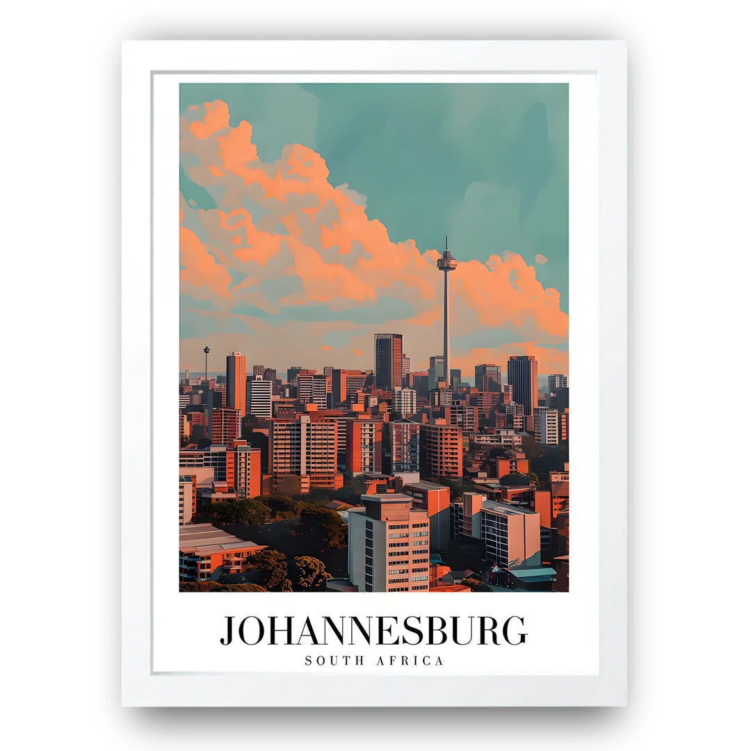 Johannesburg travel poster in white frame