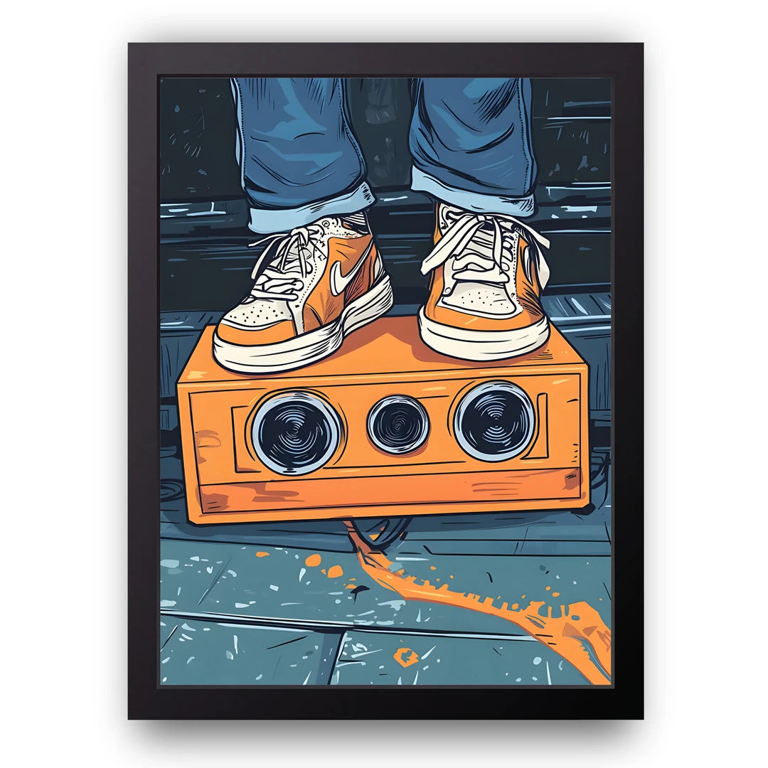 Sneakers On Boombox art poster in black frame