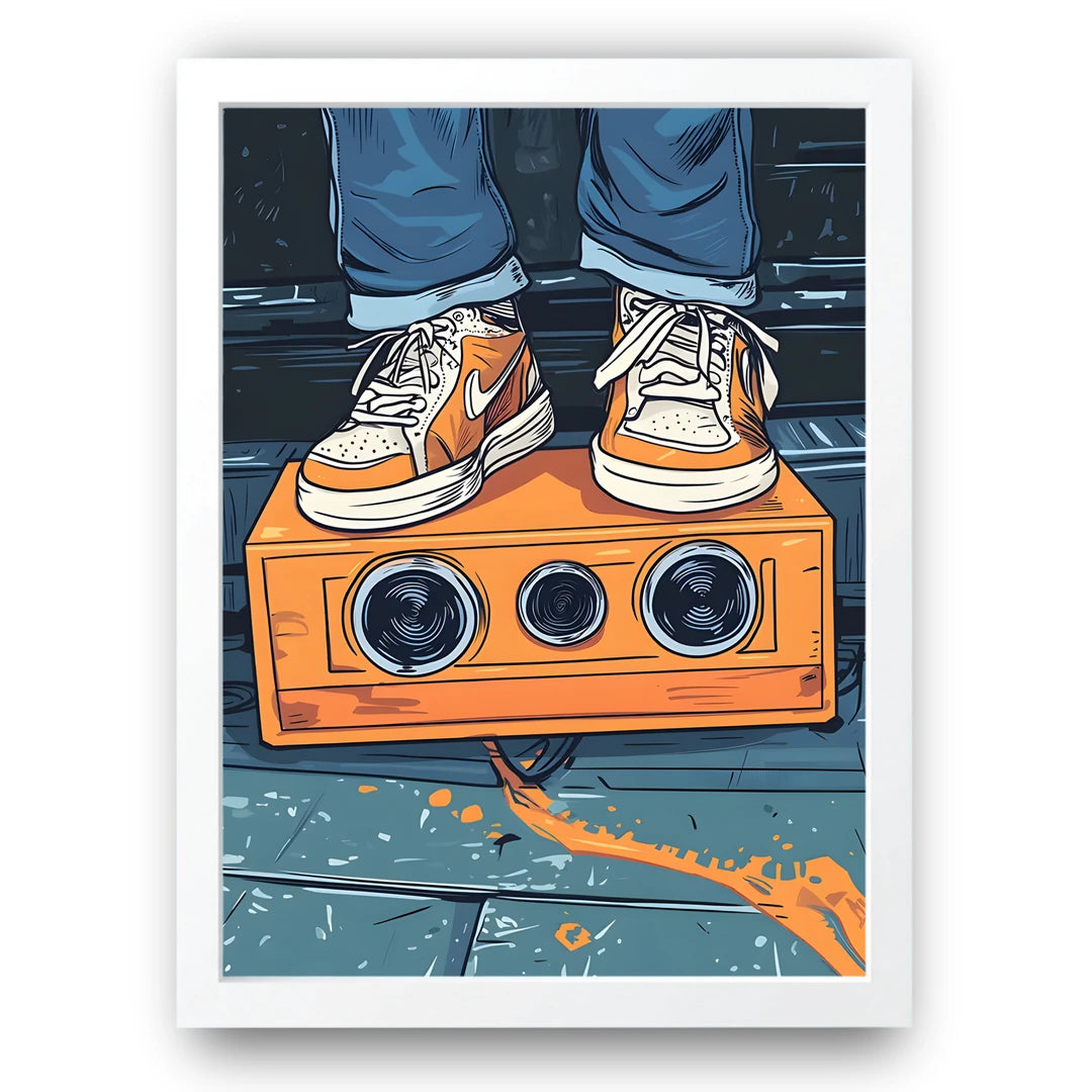Sneakers On Boombox art poster in white frame