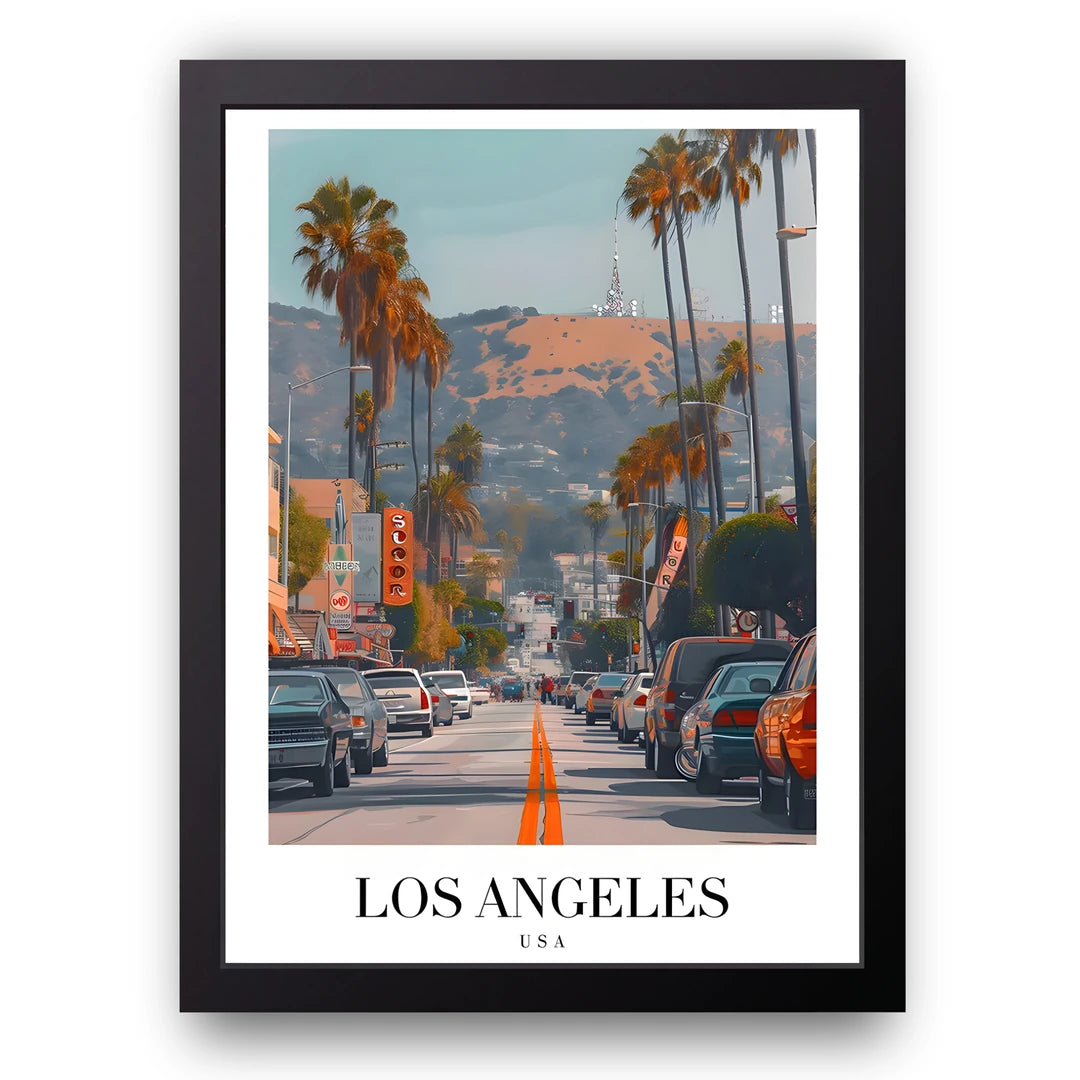 Los Angeles travel poster in black frame