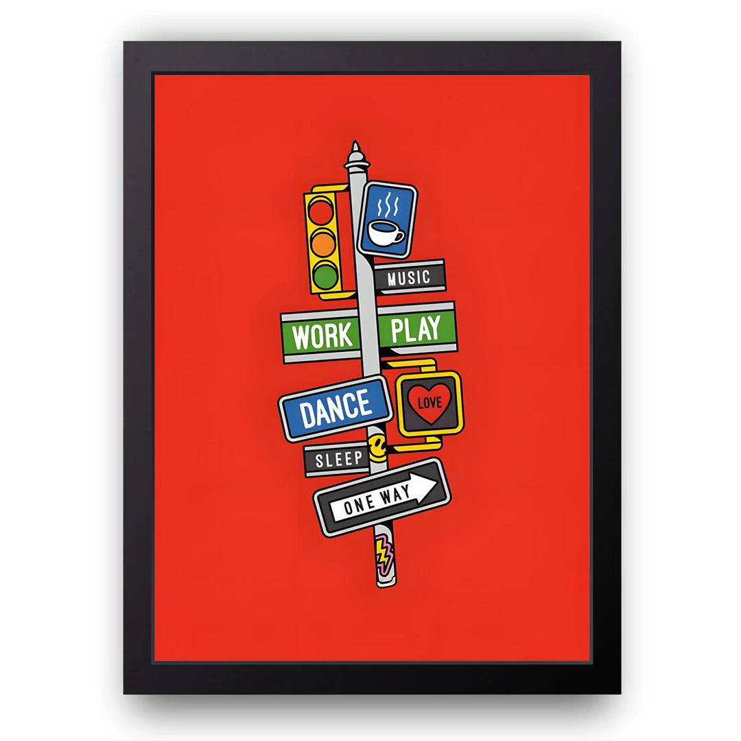 Life Signpost art poster in black frame