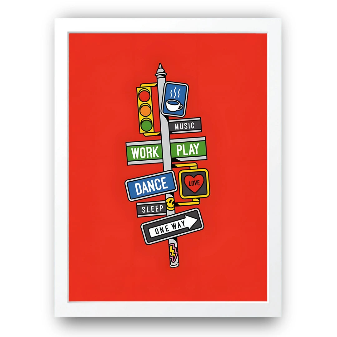 Life Signpost art poster in white frame