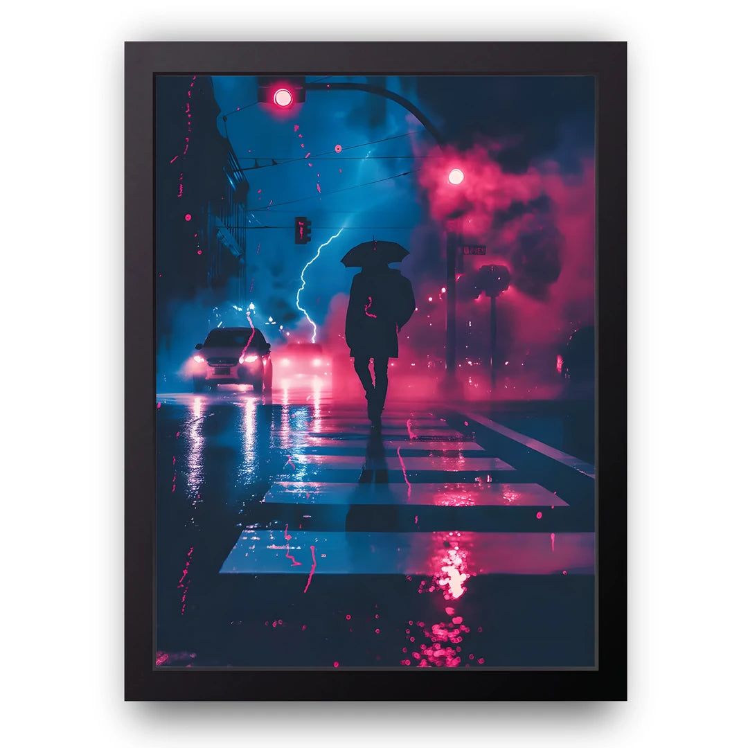 Neon Crossing art poster in black frame