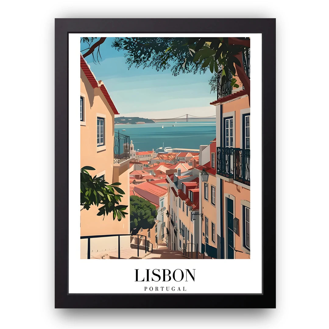 Lisbon travel poster in black frame