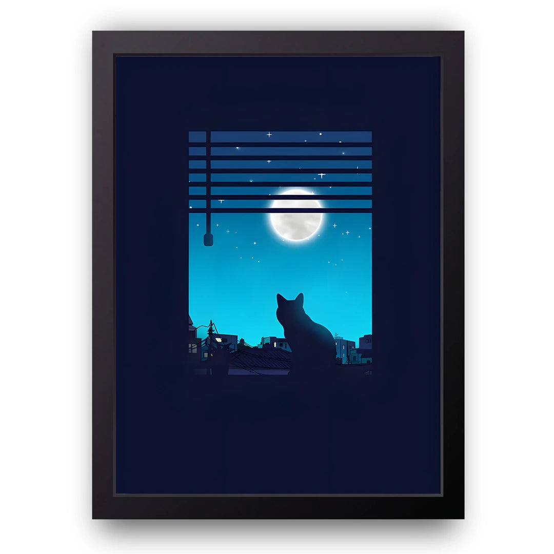 Cat At The Window animal poster in black frame