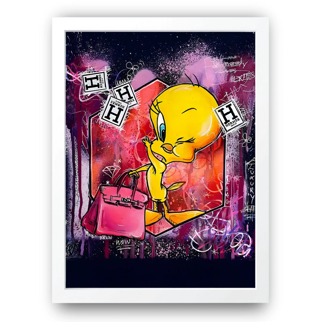 Bird With A Bag cartoon poster in white frame