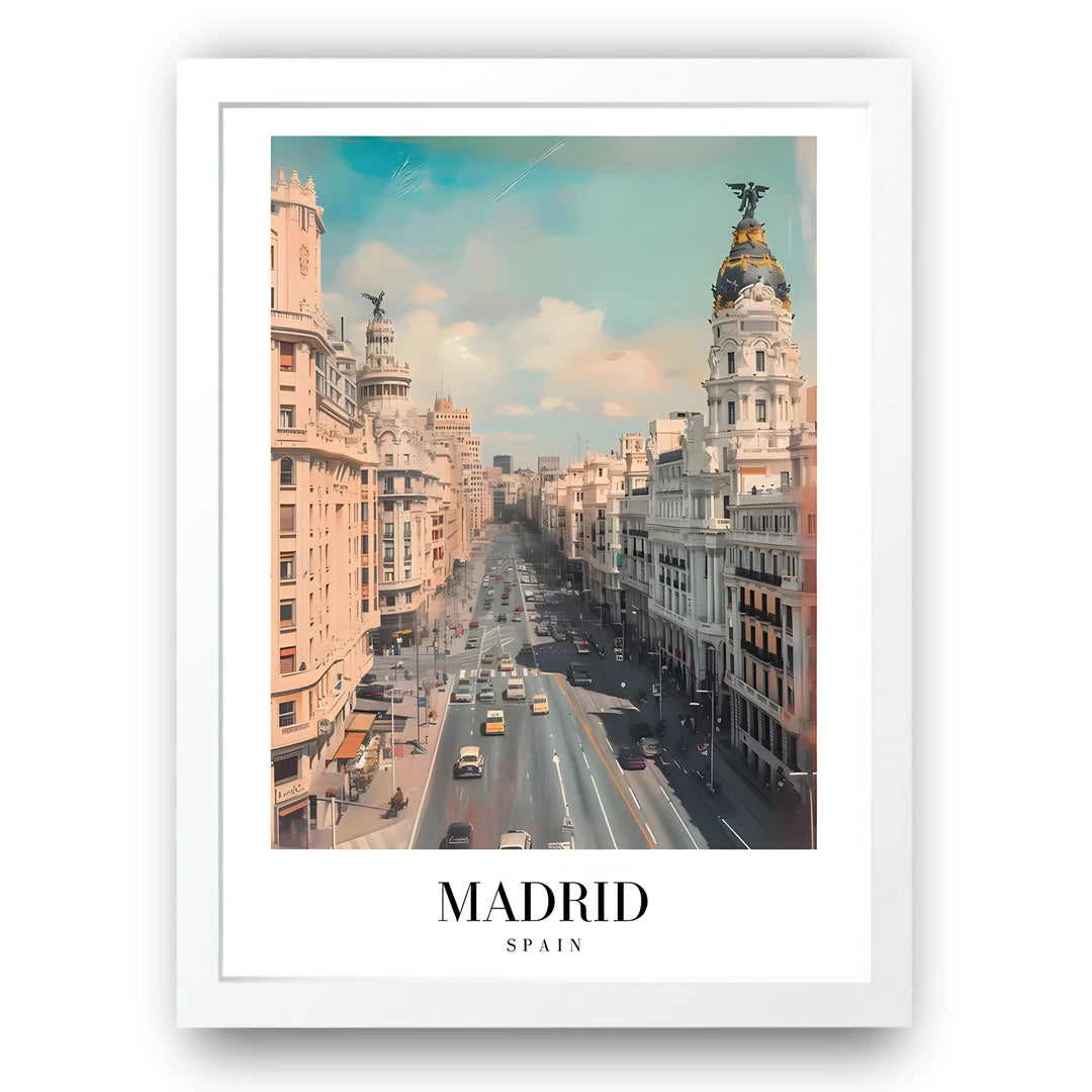 Madrid Gran Via travel poster in white frame