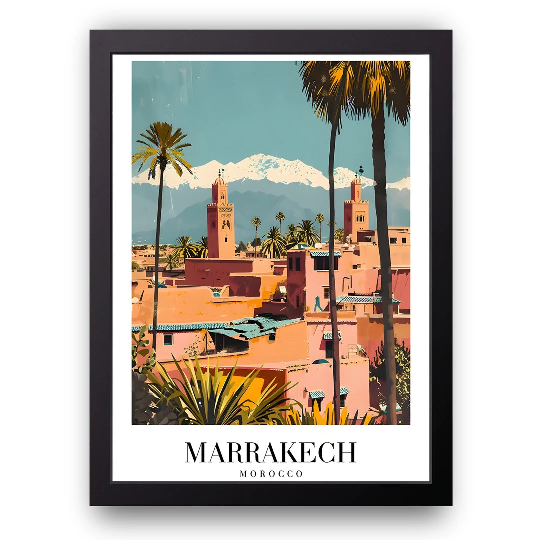 Marrakech travel poster in black frame