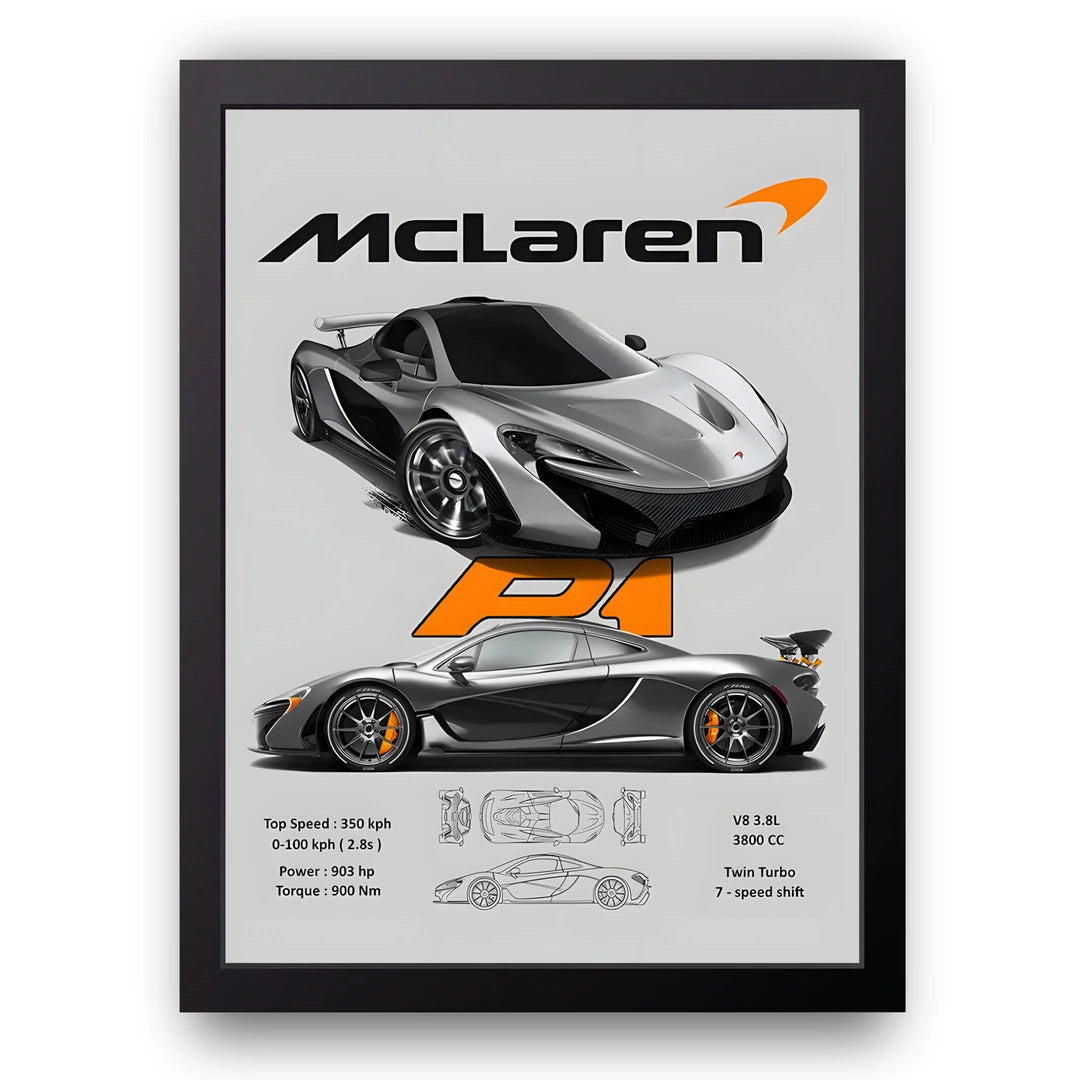 P1 Spec Sheet car poster in black frame