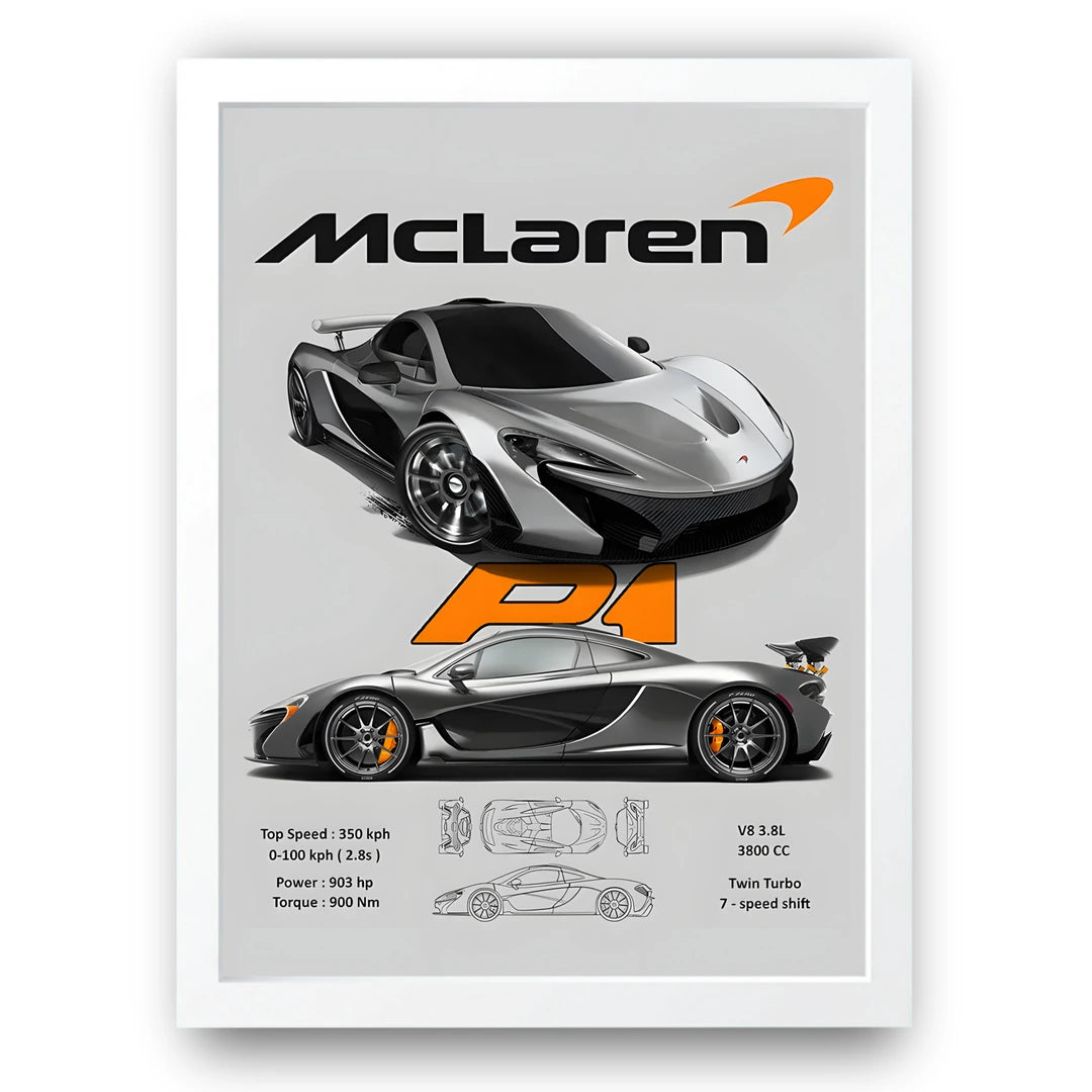 P1 Spec Sheet car poster in white frame