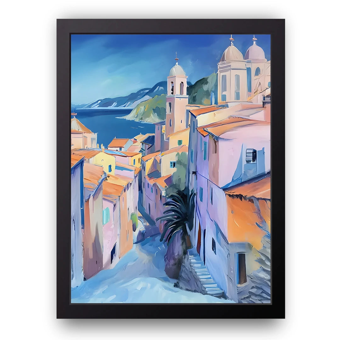 Med Village art poster in black frame