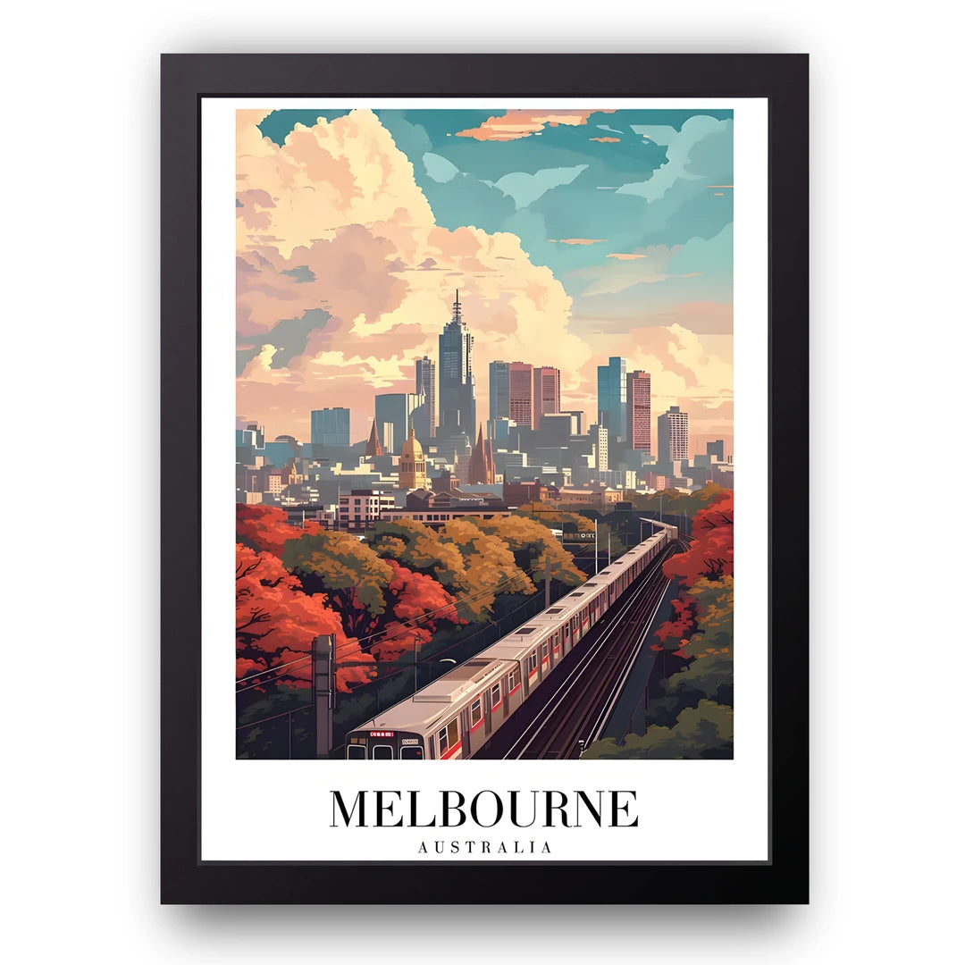Melbourne Skyline travel poster in black frame