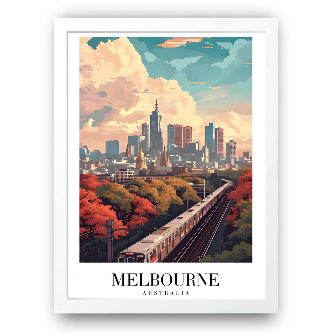 Melbourne Skyline travel poster in white frame