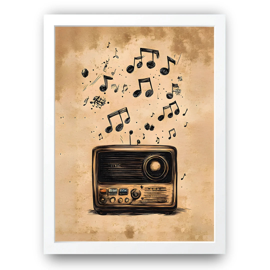 Retro Radio Notes retro poster in white frame