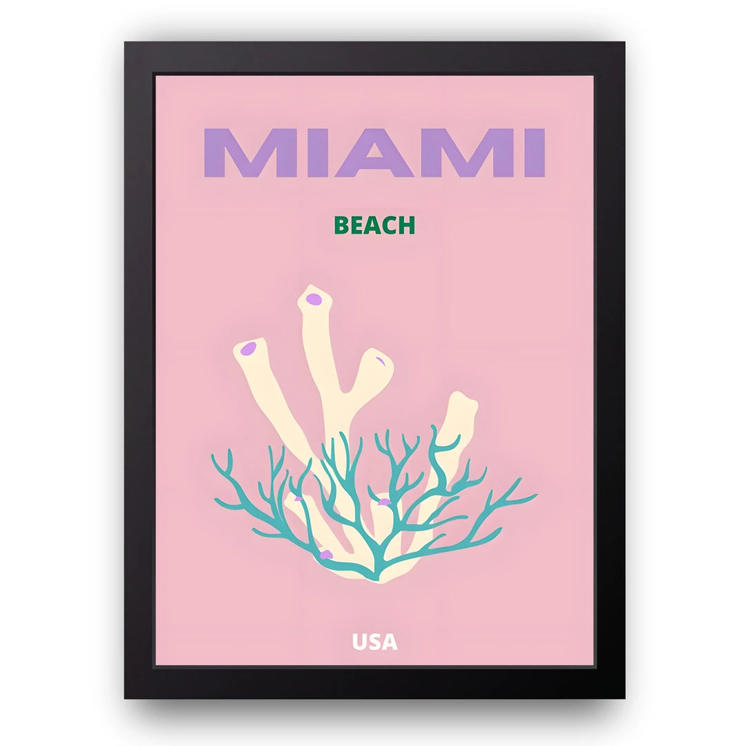 Miami Beach travel poster in black frame