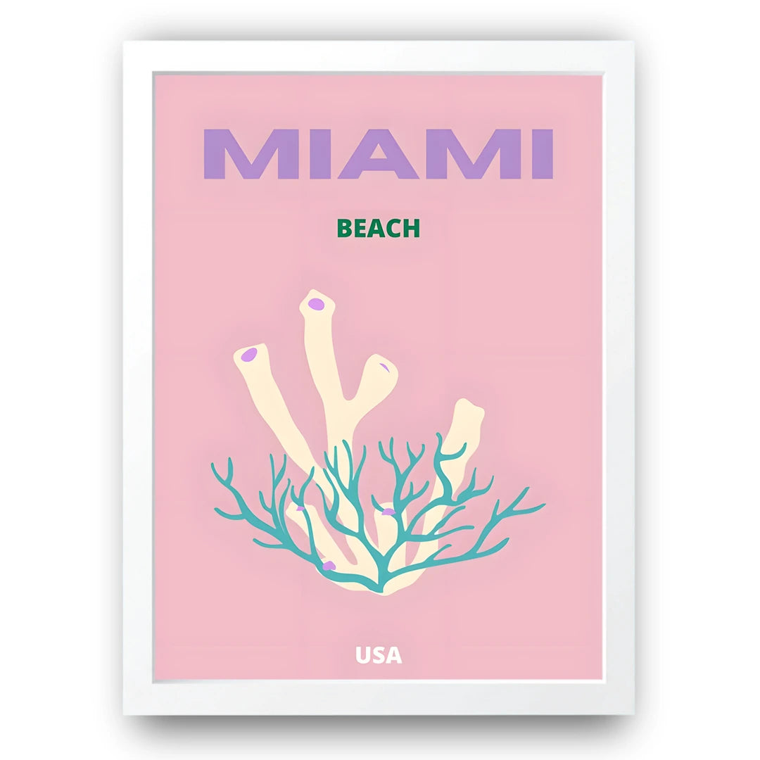 Miami Beach travel poster in white frame