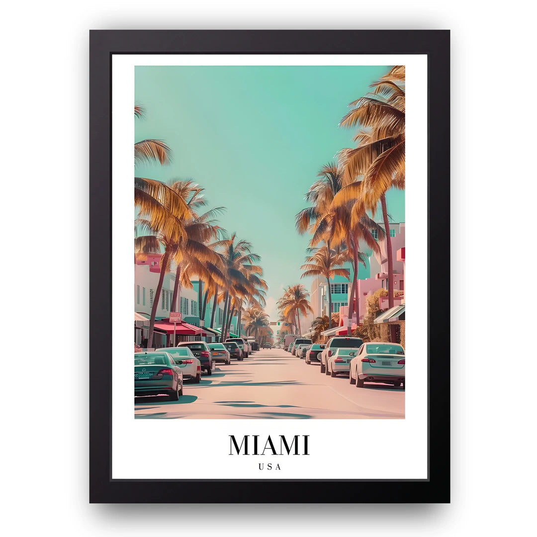 Miami Ocean Drive travel poster in black frame