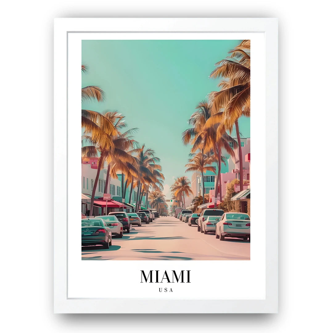 Miami Ocean Drive travel poster in white frame